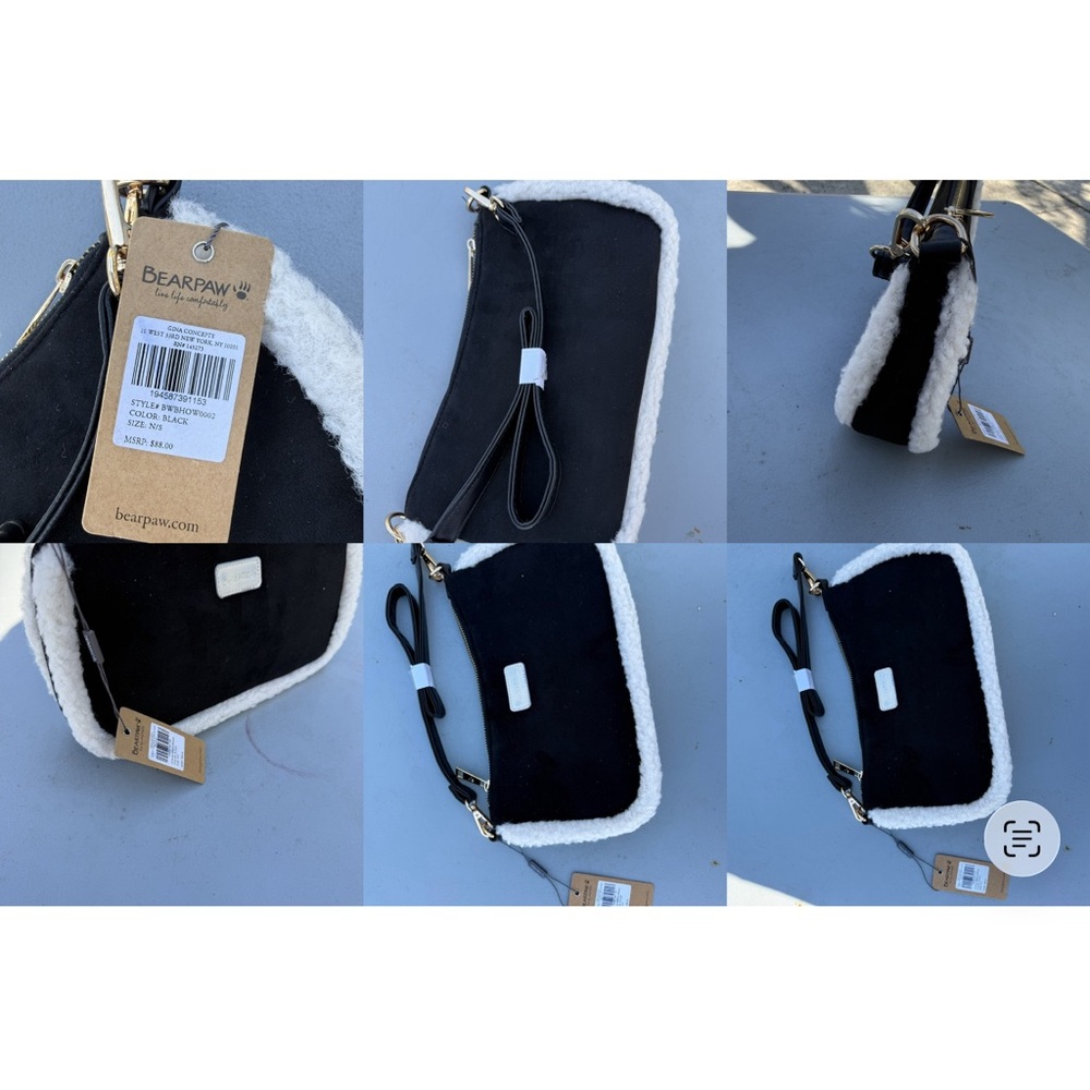 Bearpaw Black Sherpa Trim Crossbody Bag Wristlet Clutch‎ Gold Hardware NWT